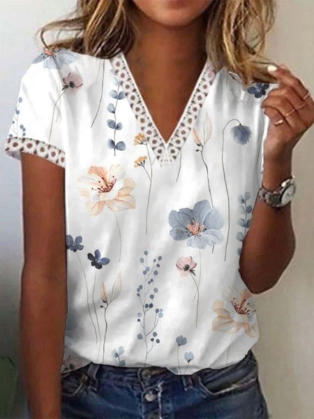 

Casual Floral Regular Fit V Neck T-Shirt, White, T-Shirts