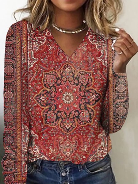 

Casual Regular Fit V Neck Ethnic T-Shirt, Red, T-Shirts