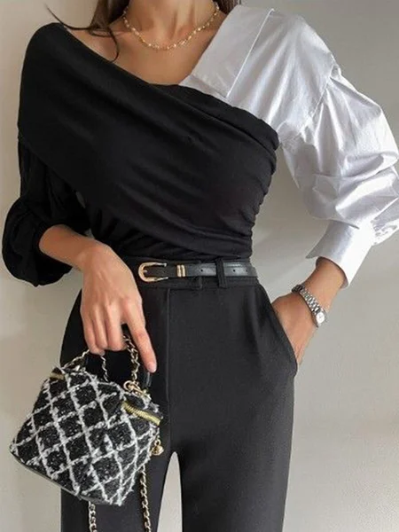 

Long sleeve Plain Regular Fit Urban Blouse, Black-white, Blouses and Shirts