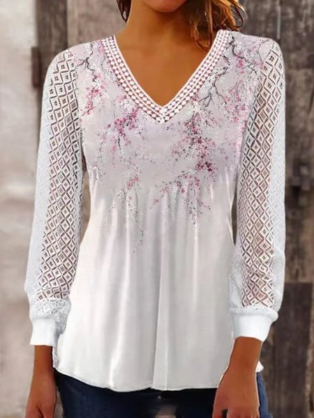 

Woman Loose V-Neck Fashion Urban Floral Print Lace Panel Shirt, Color3, Shirts & Blouses