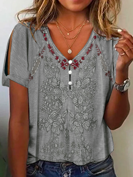 

Casual V Neck Ethnic Buttoned Shirt, Gray, Shirts & Blouses