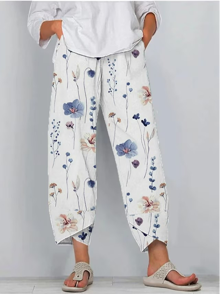 

Casual Loose Floral Pants, White, Pants