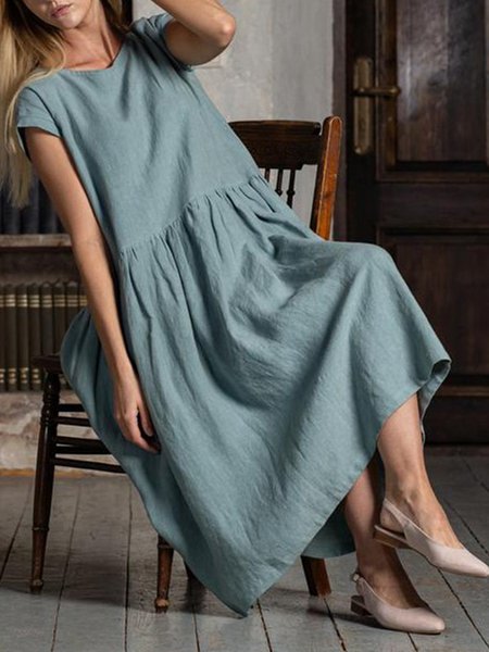 

JFN Cotton & Linen Breathable Comfortable Loose Casual Dress, Blue, Dresses