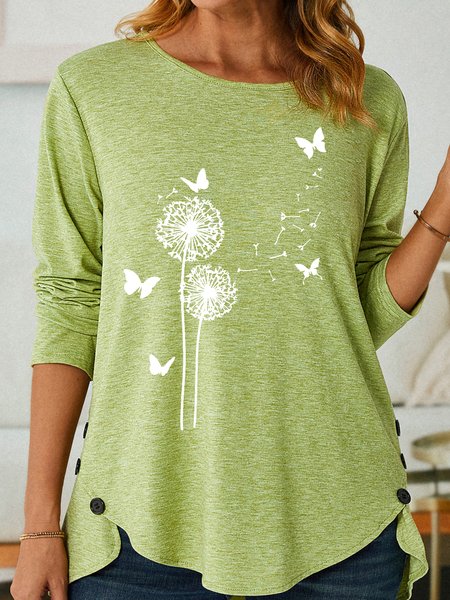

Women's Dandelion Butterfly Print Crew Neck Casual Shirt, Green, Long sleeves