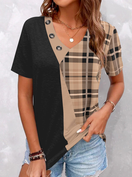 

V Neck Loose Casual Plaid T-Shirt, Brown, T-Shirts