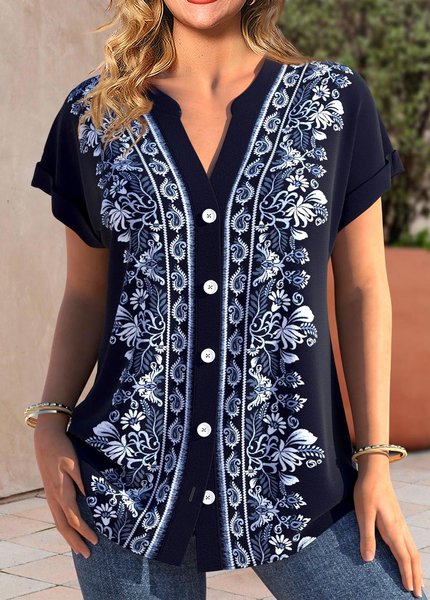 

Casual Ethnic V Neck T-Shirt, Dark blue, T-Shirts
