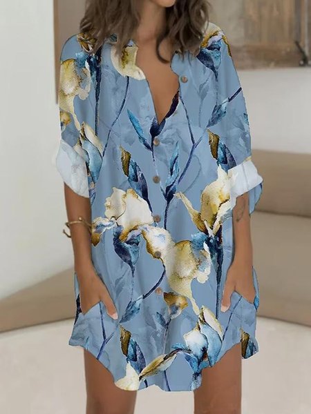 

Woman Loose V Neck Fashion Urban Floral Print Shirt Dress, Blue, Dresses