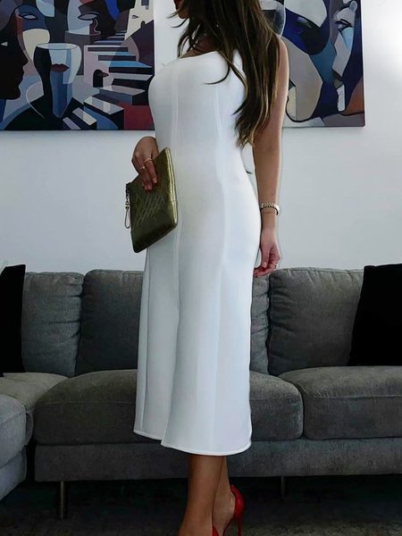 

Plain Urban Regular Fit Midi Dress With No Belt, White, Midi Dresses