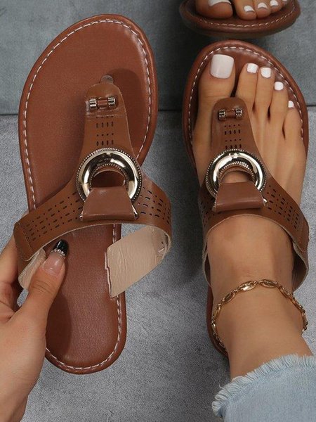 

Vintage Metal Decor Hollow out Thong Slide Sandals, Brown, Sandals & Slippers