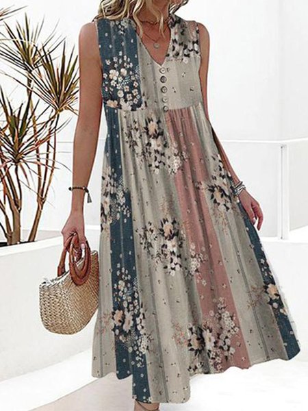 

V Neck Floral Casual Dress, Blue, Dresses