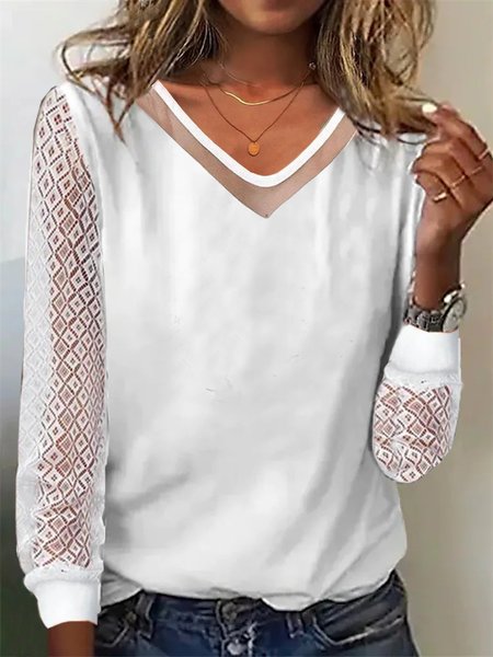 

V Neck Lace Plain Casual T-Shirt, White, T-Shirts