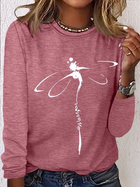 Women's Worrier Dragonfly Casual Letters Shirt, Pink, Long sleeves