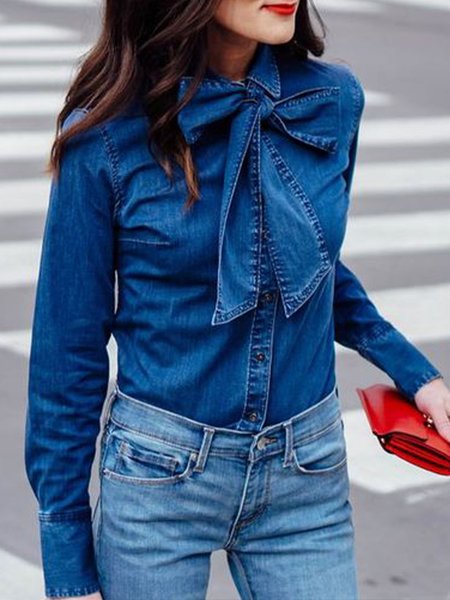 

Urban Regular Fit Plain Bow Faux Denim Blouse, Blue, Blouses and Shirts