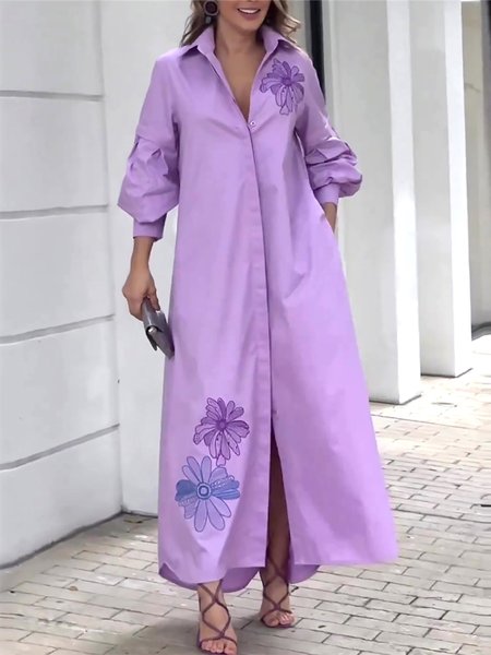 

Loose Urban Shirt Collar Floral Maxi Dress With No Belt, Purple, Maxi Dresses