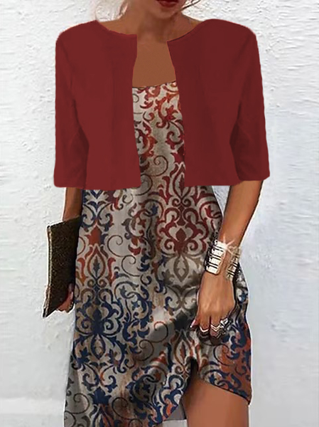 Ethnic Casual Two-Piece Set, Red, Suit Set