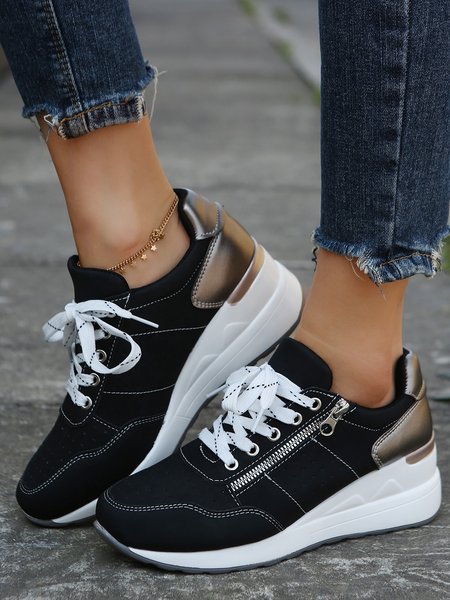 

Women Color Block Side Zip Lace Up Wedge Heel Sneakers, Black, Sneakers