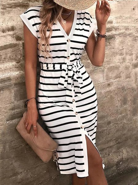 

Regular Fit Casual V Neck Striped Dress With Belt, Stripe, Dresses