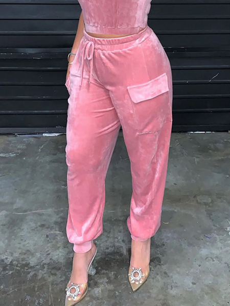 

Loose High Elasticity Casual Plain Long Sweatpants & Joggers, Pink, Pants