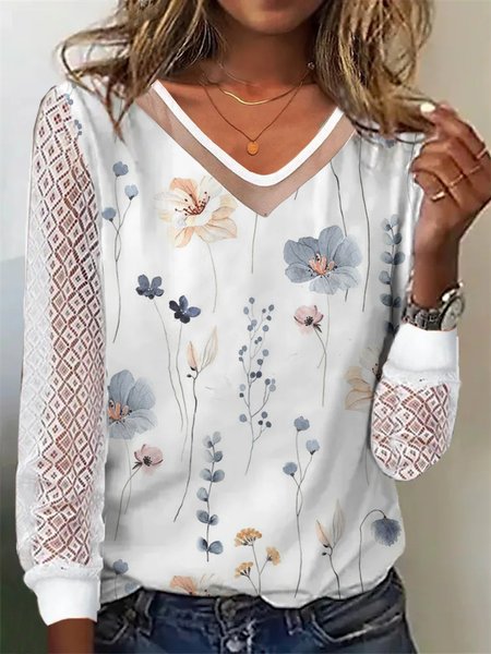 

V Neck Floral Loose Casual T-Shirt, White, T-Shirts