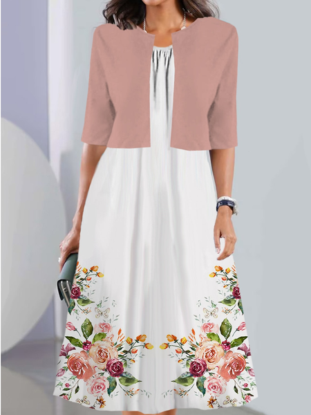

Floral Loose Elegant Crew Neck Two-Piece Set, Pink, Suit Set