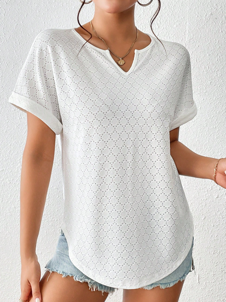 Casual Notched Loose Plain T-Shirt, White, T-Shirts