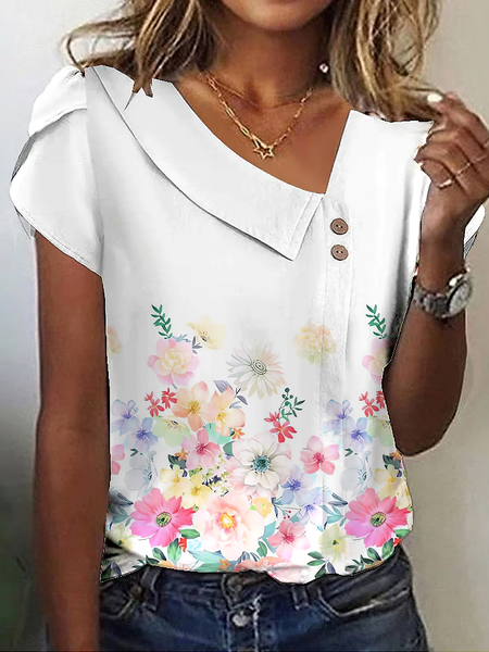

Loose Casual Buckle Floral T-Shirt, White, T-Shirts