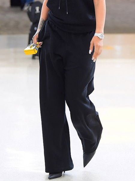 

Loose Casual Plain Straight Sweatpants & Joggers, Black, Pants