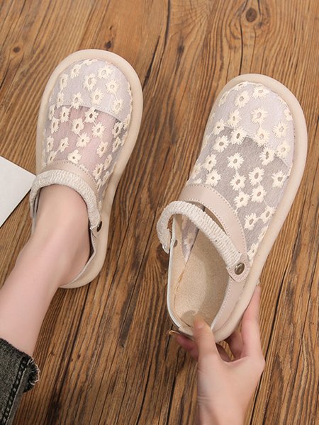 

Women Casual Flower Embroidered Breathable Mesh Slip On Mules, Apricot, Flats