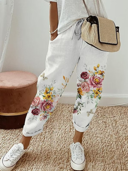 

Casual Floral Loose Pants, White, Pants