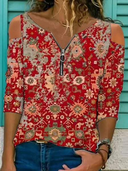 

V Neck Casual Loose Zipper T-Shirt, Red, T-Shirts