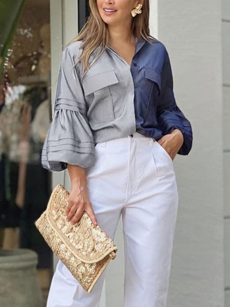 

Urban Lantern Sleeve Loose Faux Denim Blouse, Blue, Blouses and Shirts