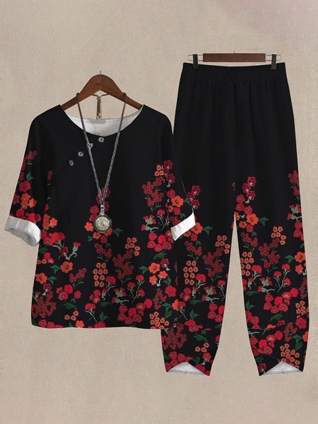 

Casual Floral Crew Neck Two-Piece Set, Reddish black, Suit Set