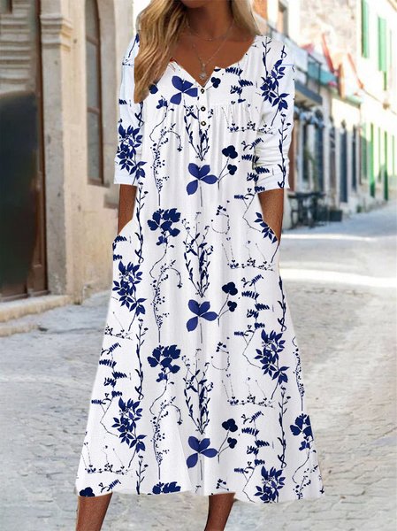 

Crew Neck Loose Floral Casual Dress, White, Dresses