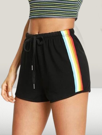 

Woman Rainbow Strip Breathable Comfort Loose Casual Shorts, Black, Shorts