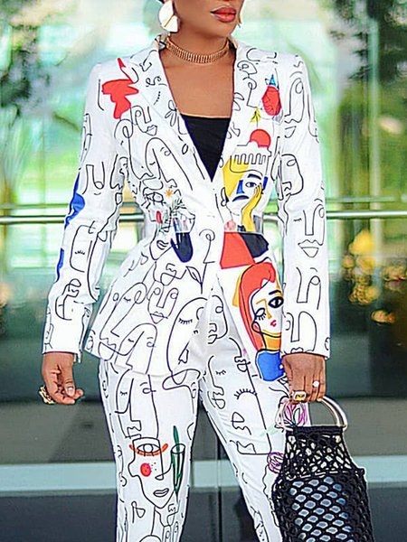 

Regular Fit Lapel Collar Abstract Urban Blazer, White, Blazers