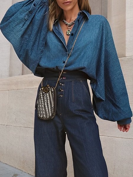 

Urban Lantern Sleeve Loose Plain Shirt Collar Denim Blouse, Blue, Blouses and Shirts