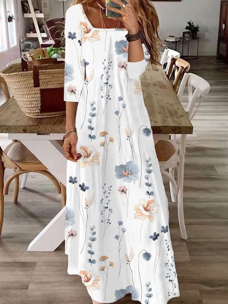 

Floral Loose Casual Square Neck Dress, White, Dresses