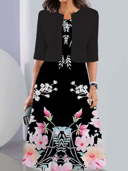

Loose Crew Neck Floral Casual Two-Piece Set, Black, Suit Set
