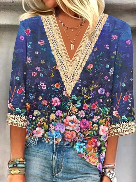 

V Neck Floral Casual Loose Shirt, Purple, Shirts & Blouses