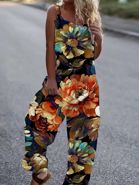 

Casual Plants Square Neck Loose Jumpsuit, Black, Jumpsuits＆Rompers