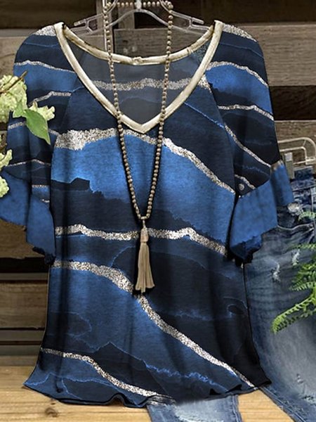 

Casual Abstract V Neck Regular Fit T-Shirt, Purplish blue, T-Shirts