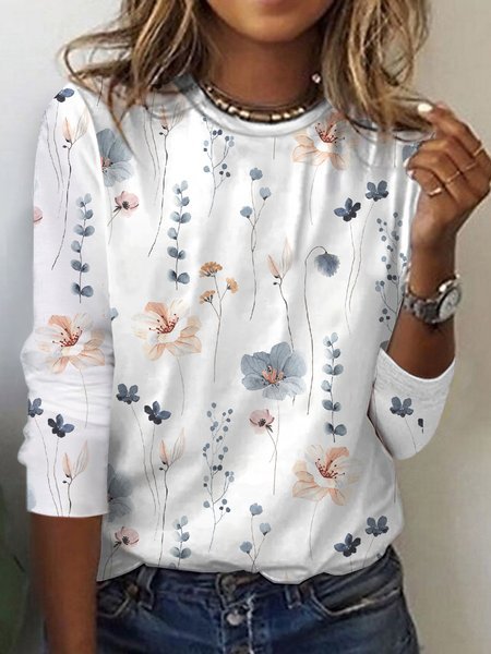 

Casual Floral Loose Knitted T-Shirt, White, T-Shirts