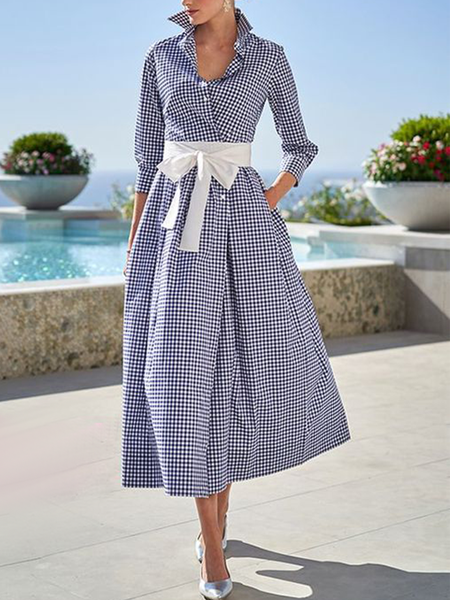 

Shirt Collar Elegant Dress With Belt, Blue, Midi Dresses