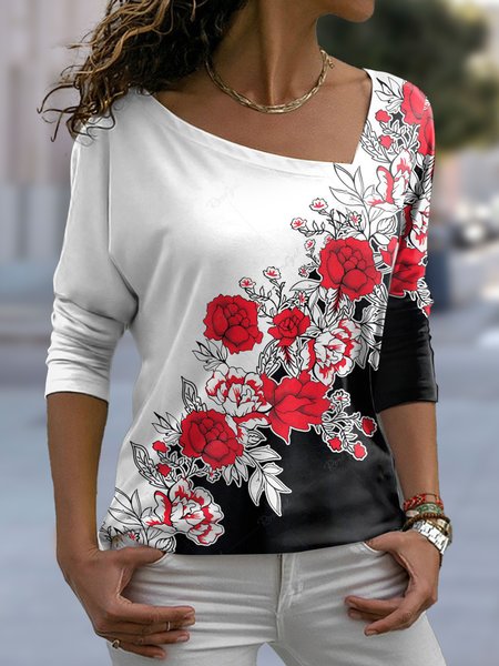 

Floral Casual Asymmetrical T-Shirt, White, T-Shirts