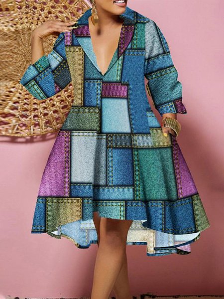 

Urban Plaid Loose Lapel Collar Midi Dress With No Belt, As picture, Midi Dresses