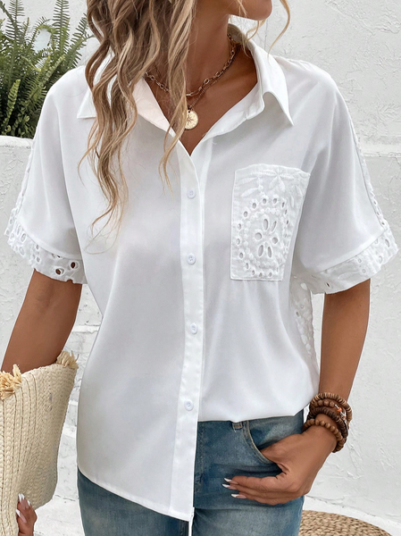 

Loose Casual Shirt Collar Plain Blouse, White, Shirts & Blouses