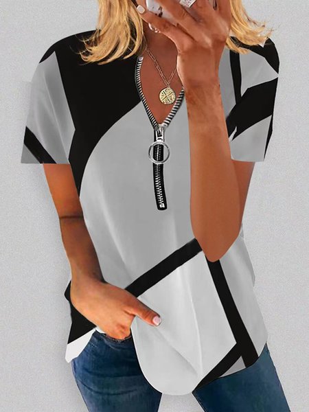 

Casual Geometric Regular Fit V Neck T-Shirt, Gray, T-Shirts