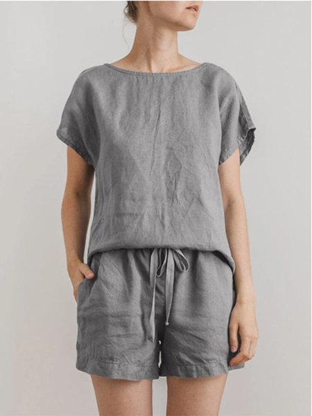 

Raglan Sleeves Casual Cotton And Linen Two-Piece Set, Gray, Suit Set
