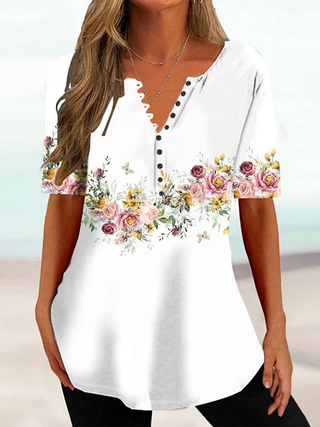 

Casual Floral Regular Fit V Neck T-Shirt, Pink-white, T-Shirts