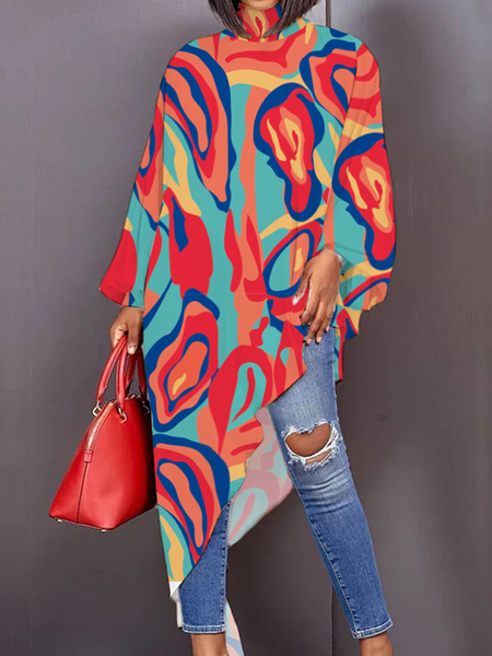 

Loose Abstract Urban Long sleeve Stand Collar Mid-long Shirt, Red, Blouses and Shirts